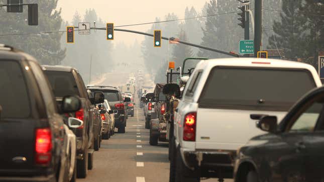 Traffic as residents of South Lake Tahoe evacuate while the Caldor Fire approaches.