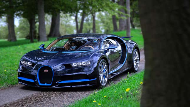 A photo of a blue Bugatti Chiron supercar. 