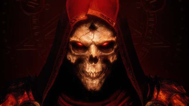 A skeletal figure in a red shawl with glowing red eyes and a hole in his forehead gazes coldly at the viewer.