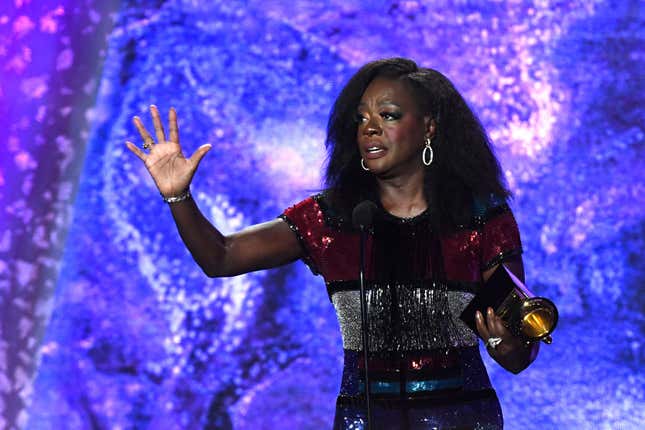 US actress Viola Davis accepts the award for Best Audio Book, Narration, and Storytelling Recording for her memoir Finding Me during the pre-telecast show of the 65th Annual Grammy Awards