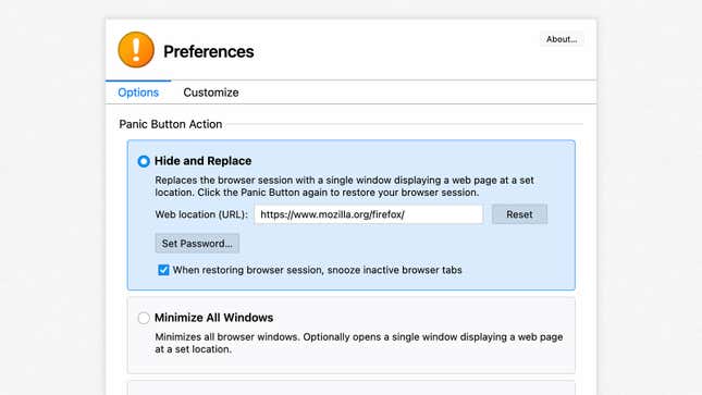 Customizing the Panic Button add-on in Firefox.