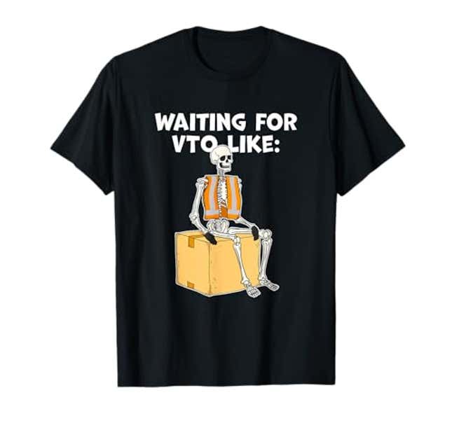 Image for article titled Skeleton Coworker Swagazon Associate Waiting for VTO Like T-Shirt, Now 15% Off
