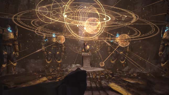 Entities in gold armor observe a solar system map. 