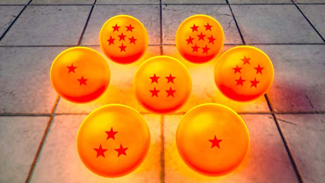 Seven orange dragon balls, glowing on the ground.