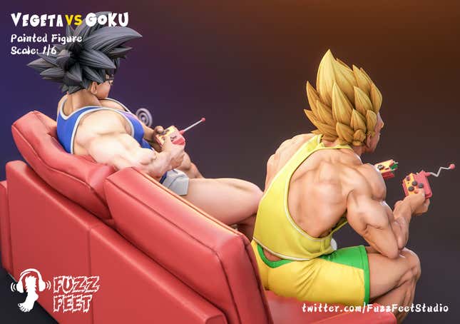 A view of Goku and Vegeta from behind the couch. 