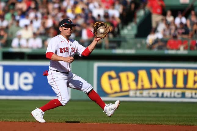 Aug 26, 2023; Boston, Massachusetts, USA;  Boston Red Sox second baseman Luis Urias (17) fields a ball during the first inning against the Los Angeles Dodgers at Fenway Park.
