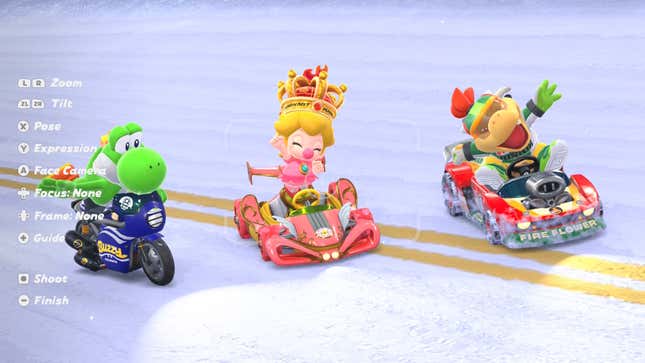 Yoshi, Baby Peach, and Bowser Jr. pose for photos in Mario Kart World's photo mode.