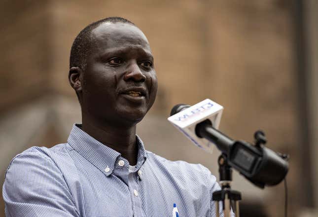 Bul Mabil has tears streaming down his face as he speaks during a press conference to ask for the public&#39;s help in finding his brother, Dau Mabil, at St. Andrew&#39;s Episcopal Cathedral in Jackson Miss., on Monday, April 1, 2024. As a child, Dau Mabil escaped war-torn Sudan and built a new life in Mississippi. In April, fishermen found his body floating in a river in the state — prompting calls for a federal investigation into his disappearance and death. (Lauren Witte/The Clarion-Ledger via AP)