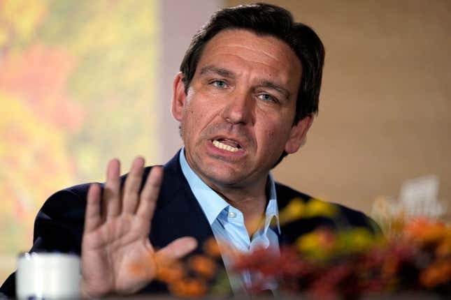 Republican presidential candidate Florida Gov. Ron DeSantis speaks during the Family Leader&#39;s Thanksgiving Family Forum, Friday, Nov. 17, 2023, in Des Moines, Iowa. (AP Photo/Charlie Neibergall)