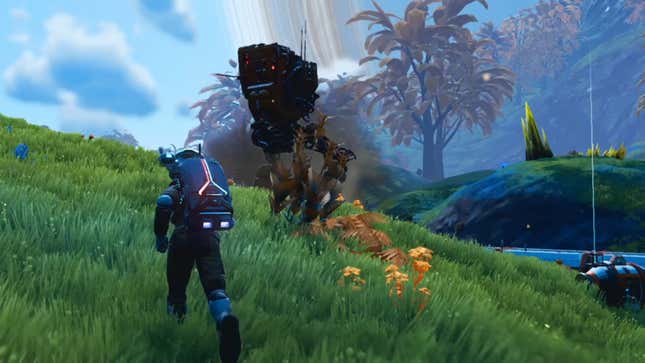 An explorer runs through a field in No Man's Sky on Nintendo Switch.