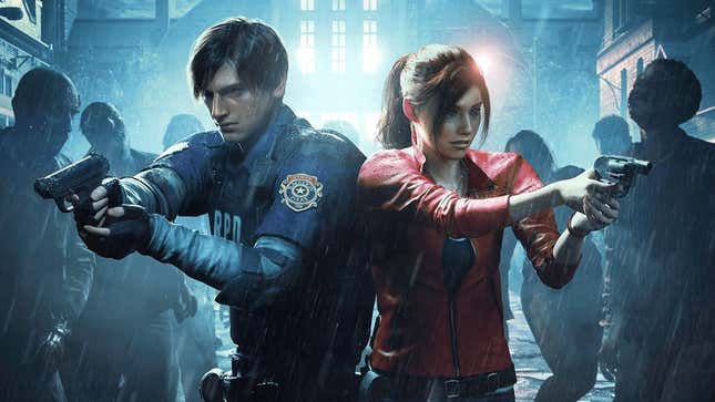 Resident Evil 2's main characters hold up guns