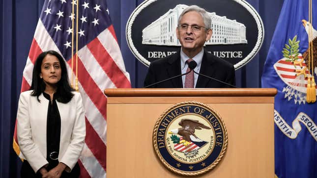 Associate Attorney General Vanita Gupta and Attorney Merrick Garland at a press conference announcing that the Department of Justice has filed a lawsuit seeking to block Idaho’s abortion ban, which is set to take effect at the end of the month.