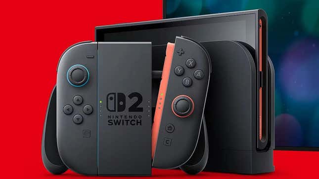 A Switch 2 console sits in front of a red background. 