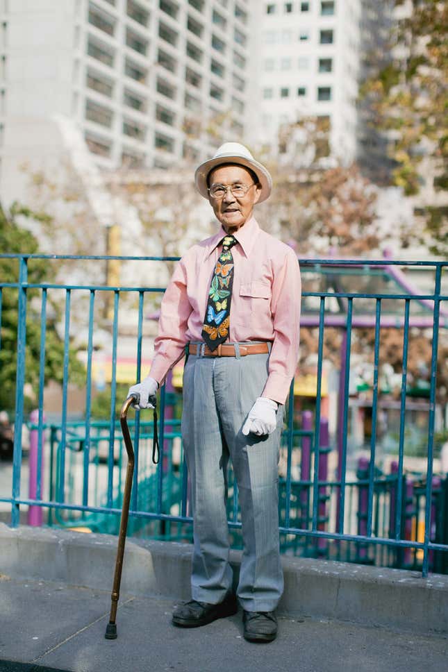 Buck Chew, 94, and one of his 40 ties.