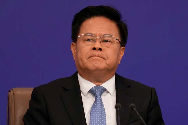 Director of the National Development and Reform Commission Zheng Shanjie attends a press conference on the sideline of the National People's Congress in Beijing, Wednesday, March 6, 2024. (AP Photo/Ng Han Guan)