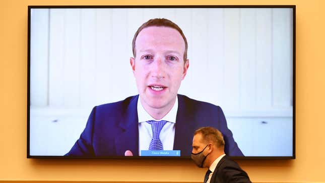 Facebook CEO Mark Zuckerberg shown on a screen to virtual testify before the House Judiciary Subcommittee on Antitrust, Commercial and Administrative Law hearing on July 29, 2020.