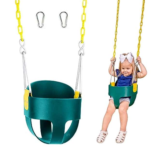 Image for article titled Original High Back Full Bucket Toddler Swing Seat with Plastic Coated Chains for Safety and Carabiners for Easy Install, Now 22% Off