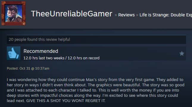 A screenshot shows a Steam review of Life is Strange: Double Exposure.