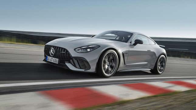 Front 3/4 view of a grey 2025 Mercedes-AMG GT63 Pro