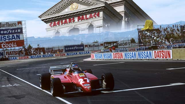 Patrick Tambay de Ferrari conduciendo por la curva final del Gran Premio del Caesars Palace con el casino superpuesto en el cielo.