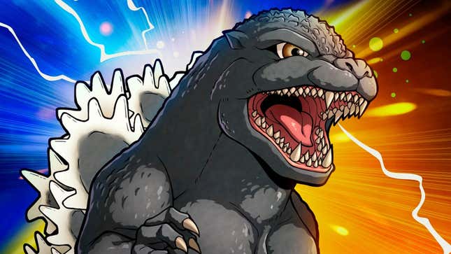 A cartoon Godzilla roars atop an explosive background.