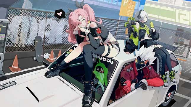 Pink and white haired characters sit on the hood of a car
