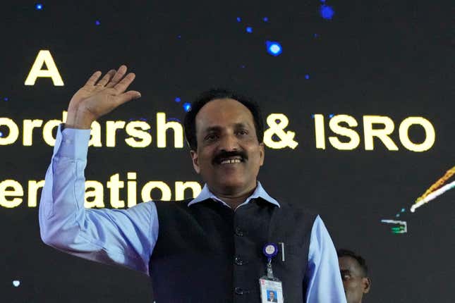 FILE- Indian Space Research Organization (ISRO) Chairman S. Somanath arrives to address the media after the successful landing of spacecraft Chandrayaan-3 on the moon, in Bengaluru, India, Wednesday, Aug. 23, 2023. India successfully carried out Saturday, Oct. 21, the first of a series of key test flights after overcoming a technical glitch ahead of its planned mission to take astronauts into space by 2025, Somanath said. (AP Photo/Aijaz Rahi, File)