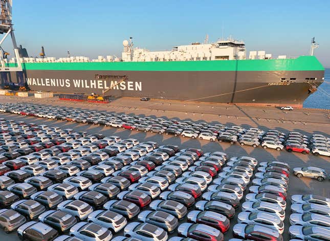 This aerial view shows new cars waiting to be exported at a dockyard in Yantai in eastern China&#39;s Shandong province Thursday, Nov. 2, 2023. China&#39;s imports rose in October while exports fell for a sixth straight month compared with a year earlier, partly due to lower export prices. (Chinatopix Via AP)