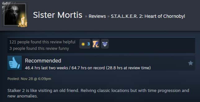 A screenshot shows a Steam user review for Stalker 2.