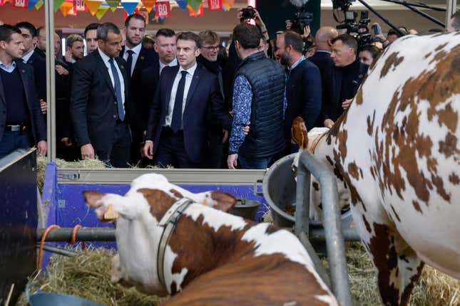 French President Emmanuel Macron, center, visits the International Agriculture Fair during the opening day in Paris, Saturday, Feb. 24, 2024. Farmers across Europe have been protesting for weeks over what they say are excessively restrictive environmental rules. (Ludovic Marin, Pool via AP)