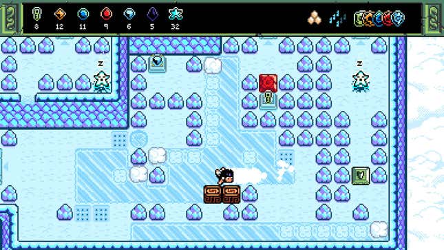 A character navigates an icey environment.