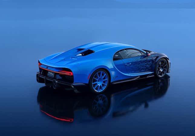 Rear 3/4 view of the blue Bugatti Chiron L'Ultime
