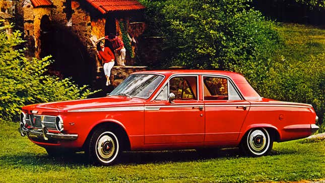 A red Plymouth Valiant sedan 