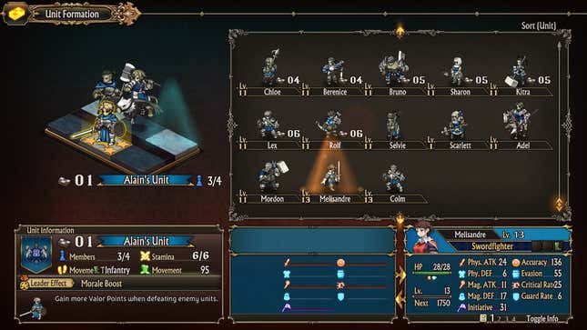 A unit screen in Unicorn overlord, showing how to organize and pick characters