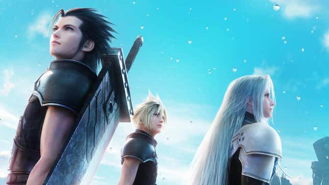 Zack, Cloud and Sephiroth look up at the sky. 