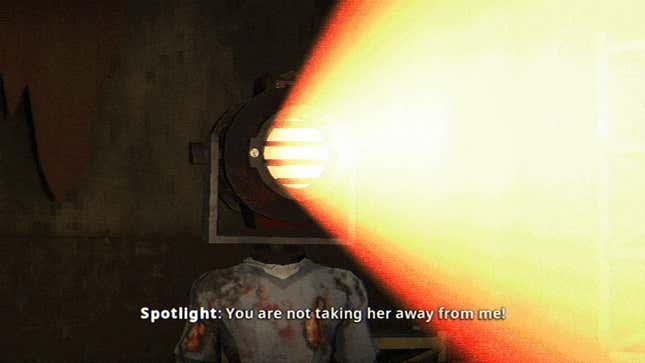 A humanoid figure with a spotlight for a head glares. Text reads, Spotlight: You are not taking her away from me!