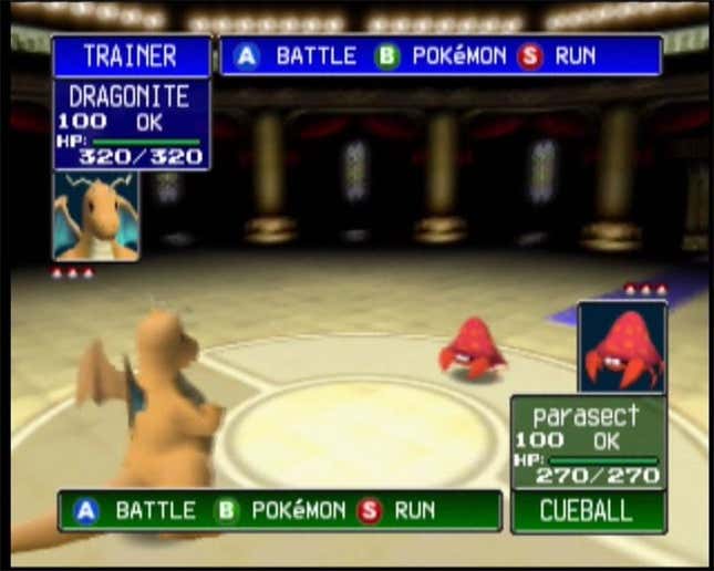 A screenshot from Pokémon Stadium in which a Dragonite battles a Parasect. 