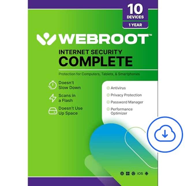 Image for article titled Webroot Internet Security Complete | Antivirus Software 2025 | 10 Device | 1 Year Download for PC/Mac/Chromebook/Android/IOS + Password Manager, Now 60% Off