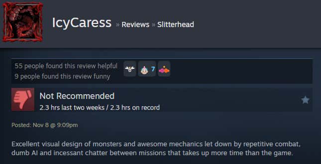 A screenshot shows a Steam user review for Slitterhead.