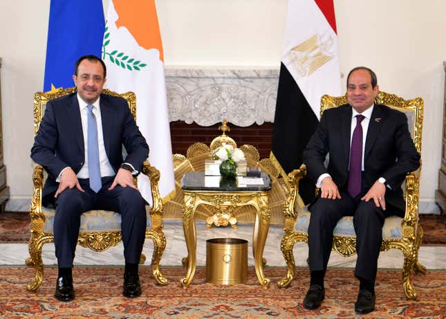 In this photo provided by Egypt&#39;s presidency media office, Egyptian President Abdel-Fattah el-Sissi, right, meets his Cyprus counterpart Nikos Christodoulides, left, at the Presidential Palace in Cairo, Egypt, Sunday, March 17, 2024. (Egyptian Presidency Media Office via AP)