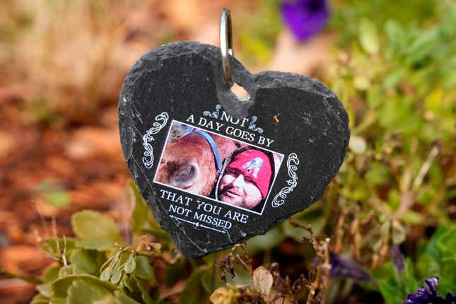 A carved stone heart with a photo of Lynn Wencus&#39;s son Jeff, rests in a garden, Tuesday, Nov. 7, 2023, at her home, in Wrentham, Mass. Wencus lost Jeff to a heroin overdose in 2017. The heart was a gift to her from her son-in-law on Mother&#39;s Day, May 14, 2023. (AP Photo/Steven Senne)