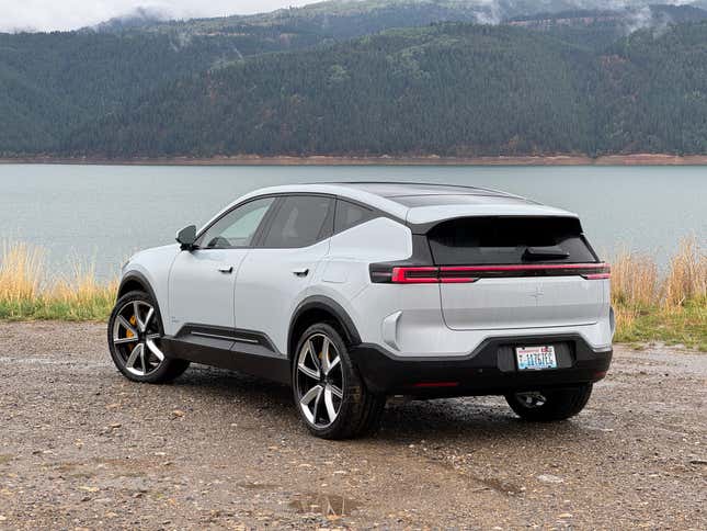 Rear 3/4 view of a grey Polestar 3