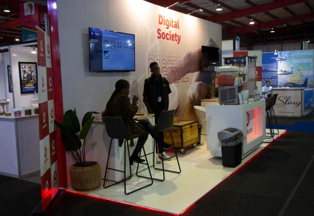 A mobile phone company on exhibition at the Africa Growth and Opportunity Act (AGOA) Forum in Johannesburg, Saturday, Nov. 4,2023. The extension of the U.S. program allowing sub-Saharan African countries duty-free access to U.S. markets is expected to be high on the agenda of the U.S. Africa Growth and Opportunity Act trade forum that ends Saturday. (AP Photo/Denis Farrell)