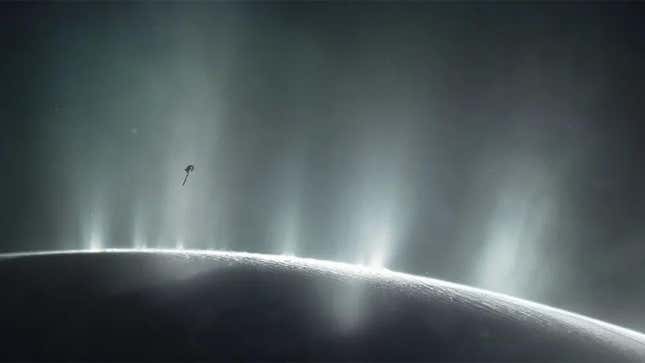 An artist's impression of Cassini flying through Enceladus' plumes.