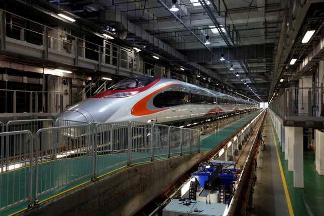 A Guangzhou-Shenzhen-Hong Kong Express Rail train at a depot in Hong Kong.