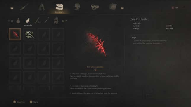 A screenshot of an item menu shows a red feather.