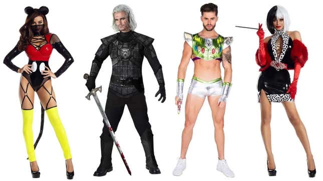 New, non-licensed Halloween costumes for 2021 from left to right: Dangerous Lil Mouse, The Witcher, Sexy Buzz Lightyear, Black Widow, Cruella DeVille.