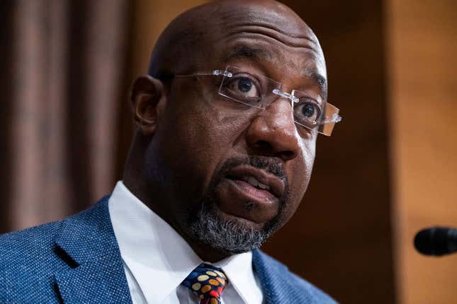 WASHINGTON, DC - MAY 10: Sen. Raphael Warnock, D-Ga., questions Treasury Secretary Janet Yellen testifies during the Senate Banking, Housing, and Urban Affairs Committee hearing titled The Financial Stability Oversight Council Annual Report to Congress, in Dirksen Senate Office Building on May 10, 2022, in Washington, DC.