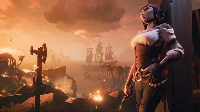 A pirate stands while ships float in the background. 