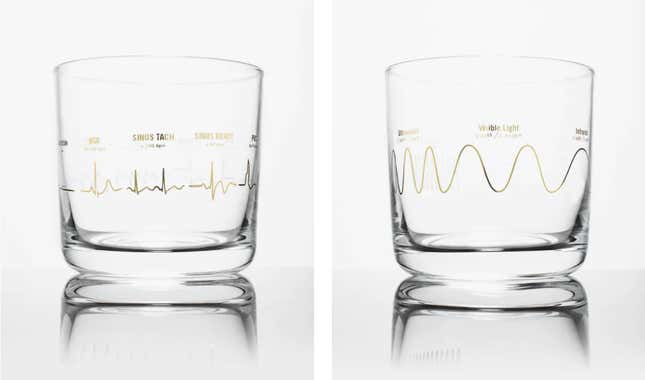 Rocks glasses showing heart rates (left) and the electromagnetic spectrum (right).